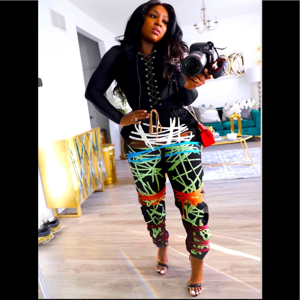 Abstract Neon 2PC SET .. Lace-Up Jogger Pants - Black with Multicolor..  NWOT...
